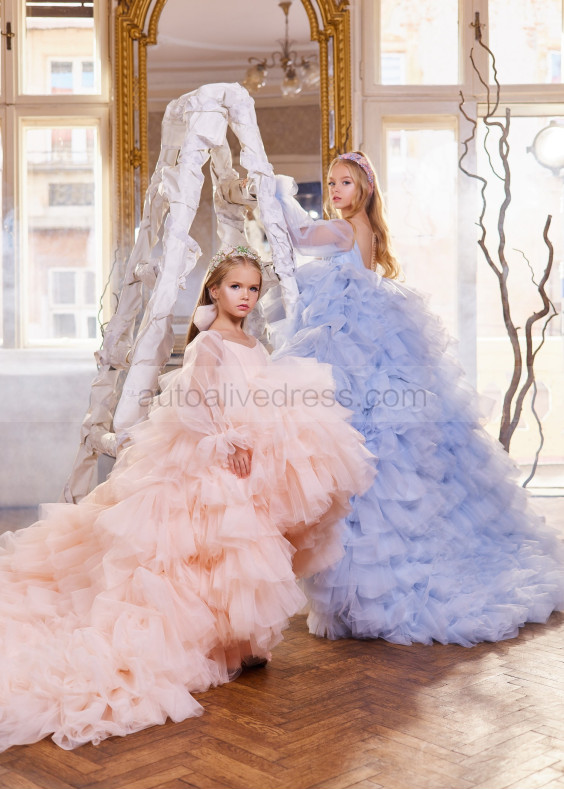 Long Sleeves Tulle Ruffled Crystal Buttons Back Flower Girl Dress Long Sleeves Tulle Ruffled Crystal Buttons Back Flower Girl Dress